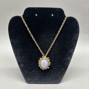 Vintage Blue Chalcedony Agate Cabochon Pendant Necklace Gold Tone Ornate 28"